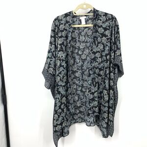 J Jill Women One Size Top Open Front Cardigan Poncho Arm Holes Black Floral XL
